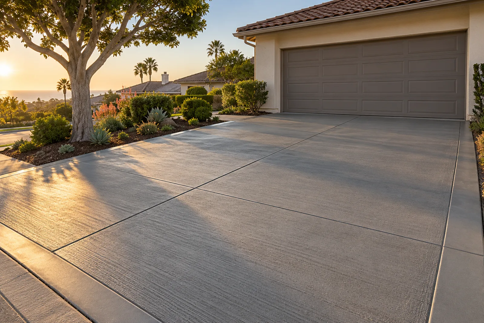 New broom-finished gray concrete driveway with a troweled border and saw-cut joints in front of a stucco garage, with a trimmed tree and succulents at golden hour