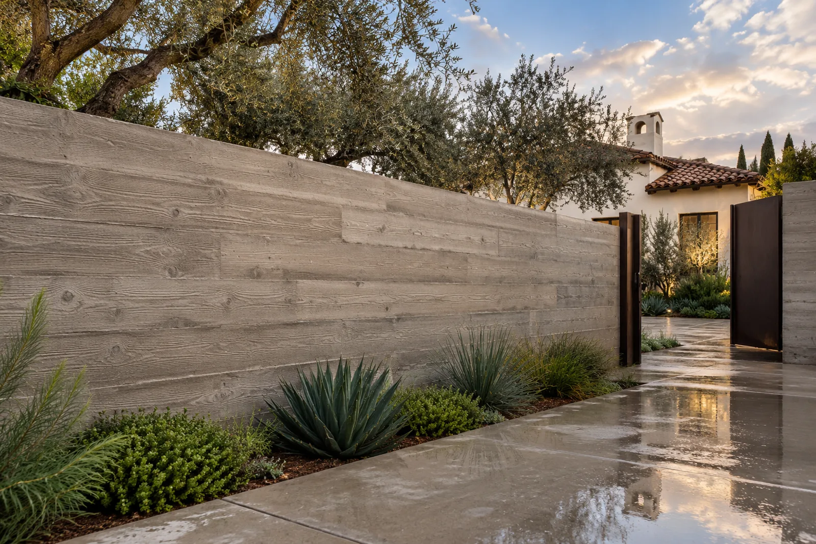 Warm gray board-formed concrete courtyard wall with wood-grain texture beside a metal gate and a Spanish-style house behind olive trees