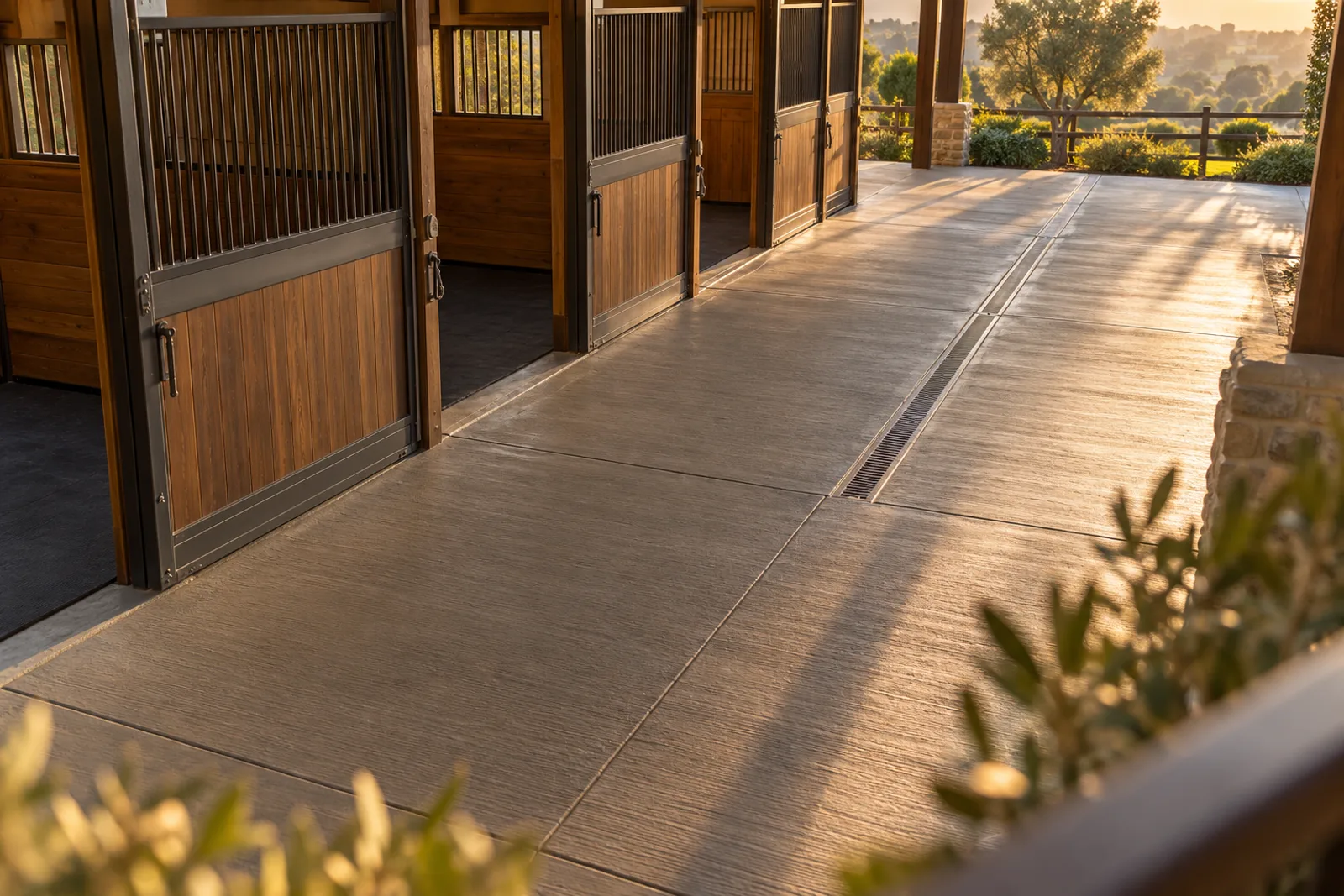 Heavy broom-finished concrete barn aisle with a trench drain running past wood and iron horse stalls in evening light