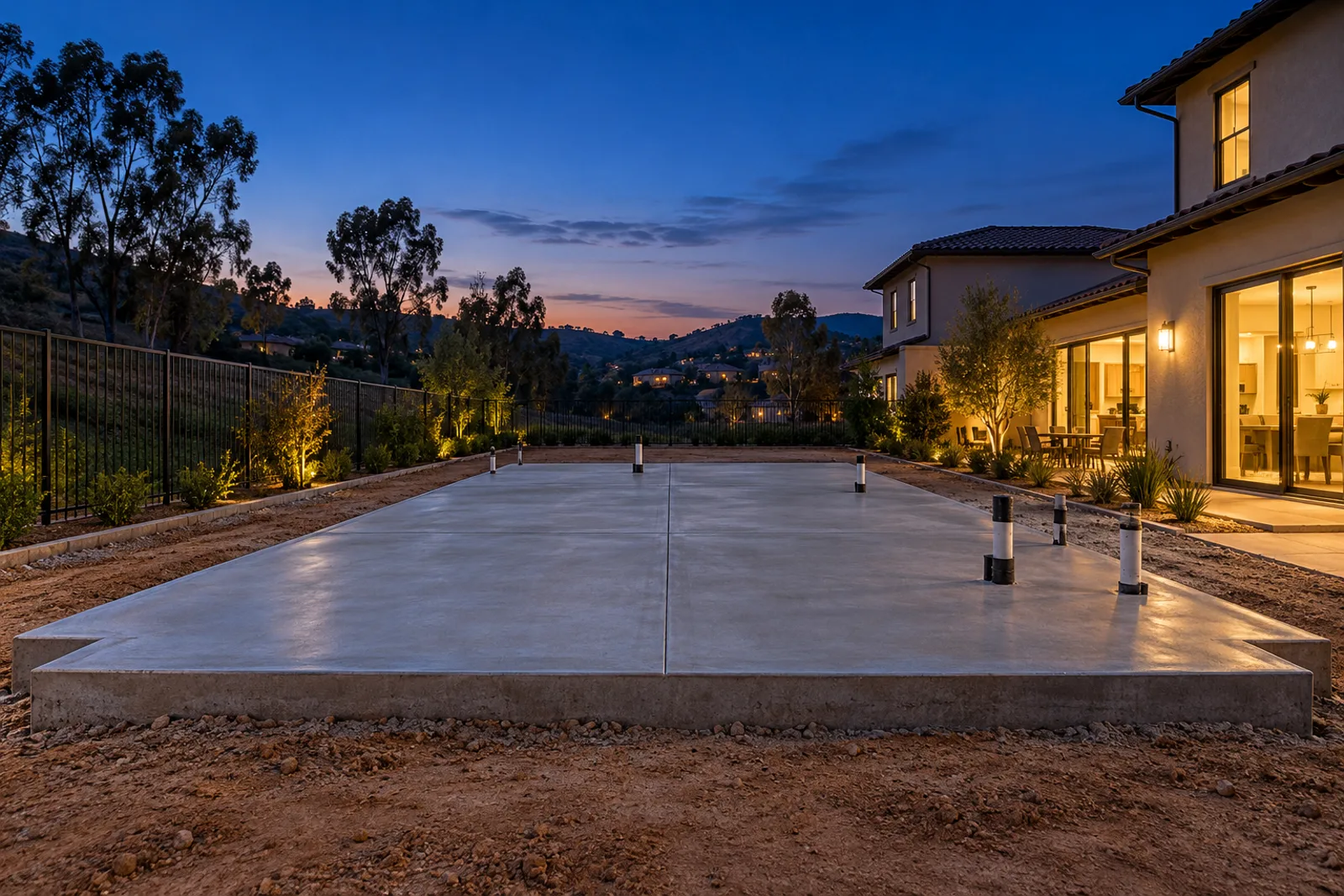 Freshly poured slab-on-grade foundation with thickened edges and capped plumbing stub-outs in a backyard at dusk