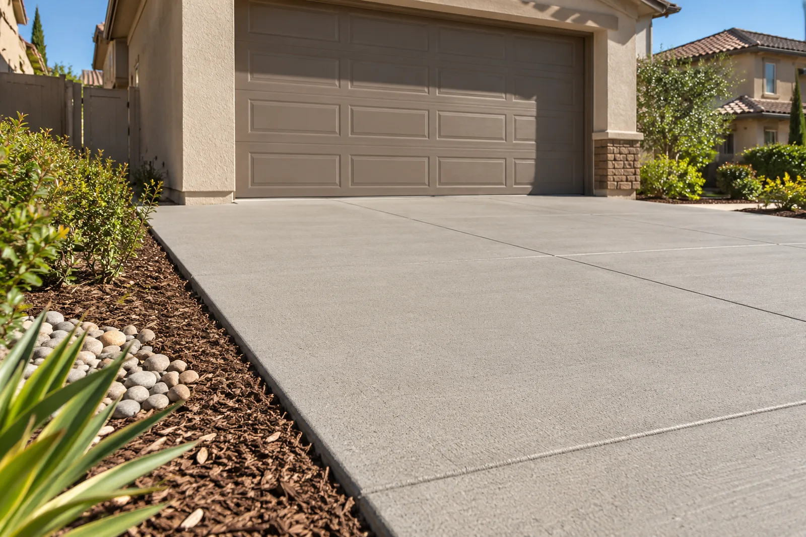 Evenly resurfaced light-broom concrete driveway with clean joints in front of a two-car stucco garage