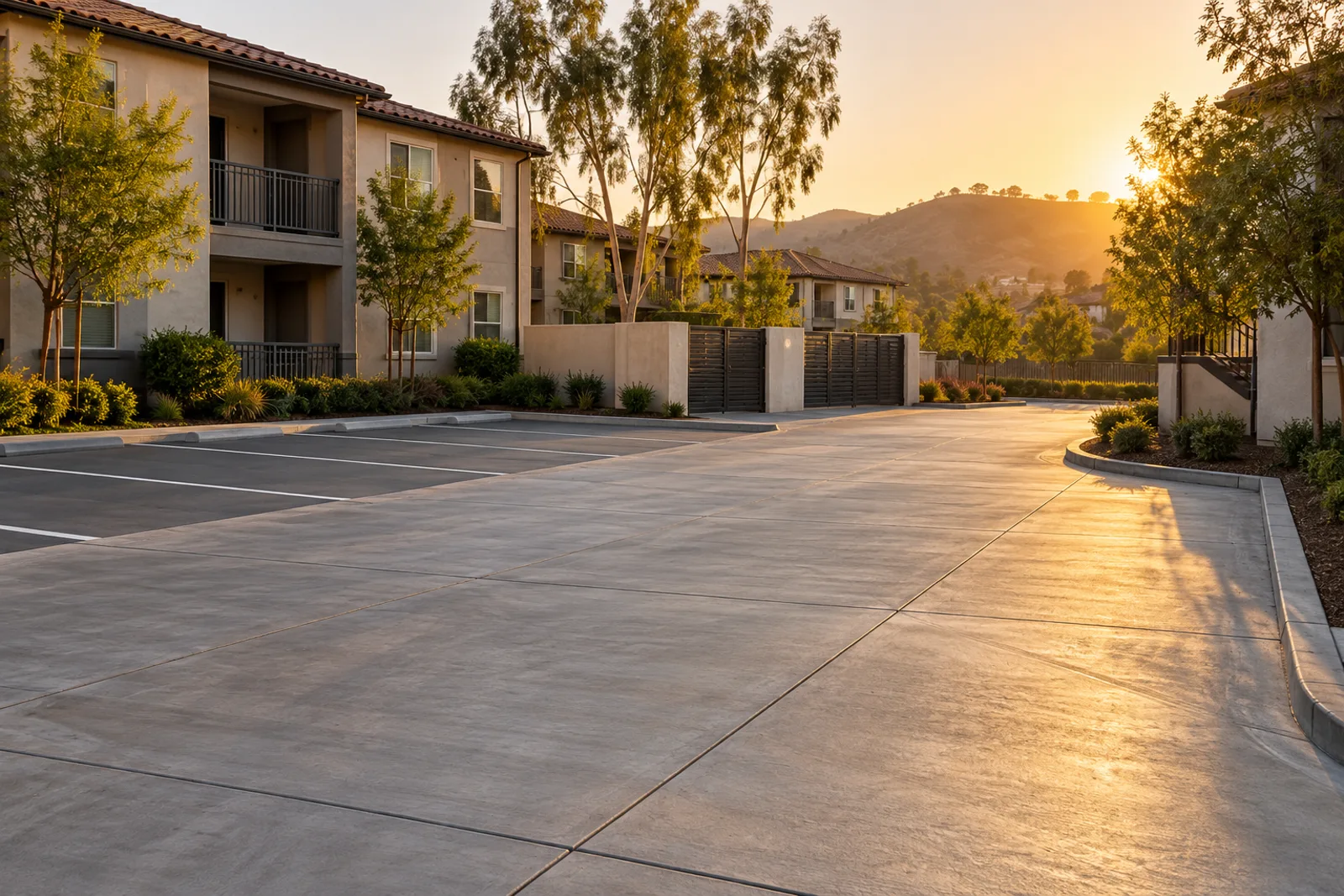 Wide concrete drive aisle and truck turn area beside striped asphalt parking at an apartment community