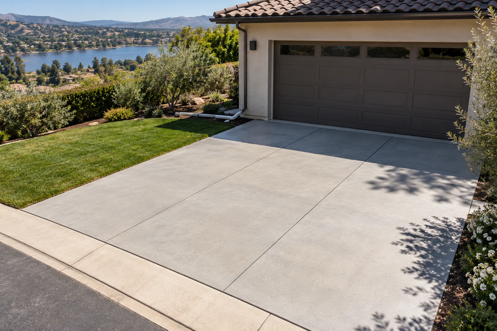 Level gray concrete driveway with sealed joints meeting a garage threshold, a downspout piped across the lawn and a lake in the distance