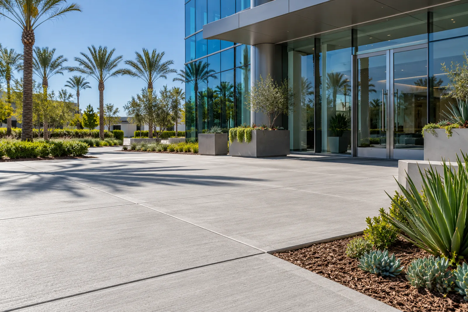 Broom-finished concrete entry plaza with saw-cut joints at a glass office building, concrete planters and palm trees