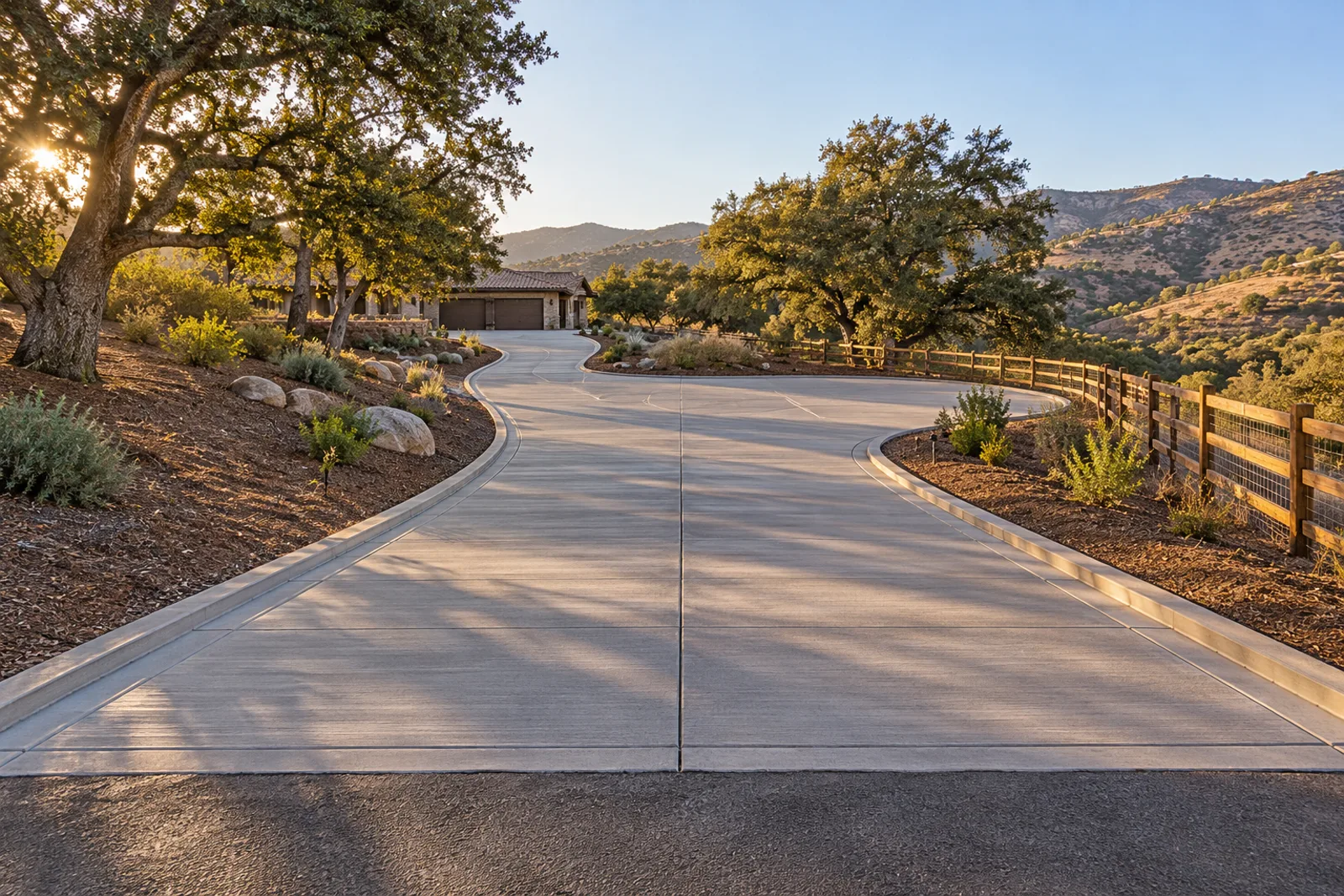 Long curving broom-finished concrete driveway with thickened edges winding through oak trees and dry hills to a rural home