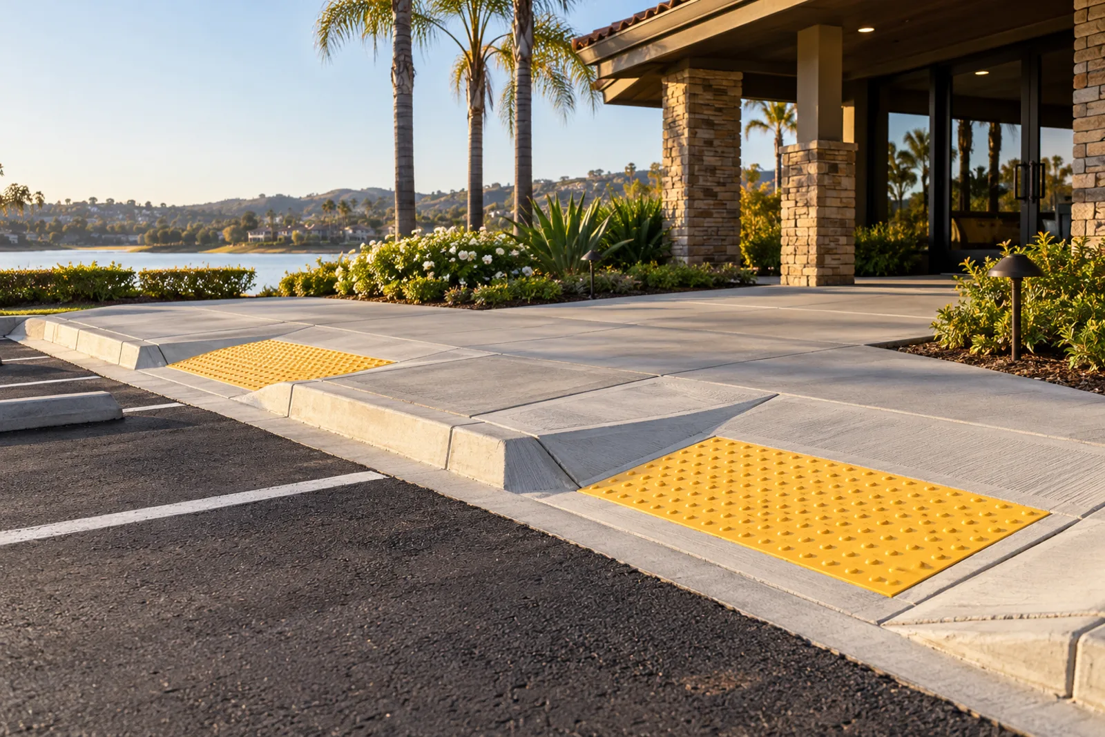 Two new concrete curb ramps with yellow detectable warning panels leading from a parking lot to a lakeside clubhouse entrance