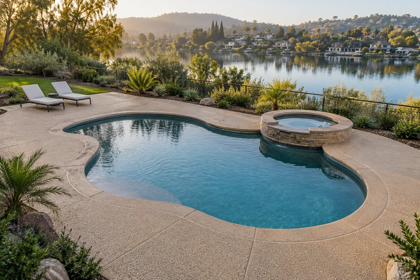 Warm tan exposed-aggregate concrete deck around a freeform pool and spa with lounge chairs overlooking a lake