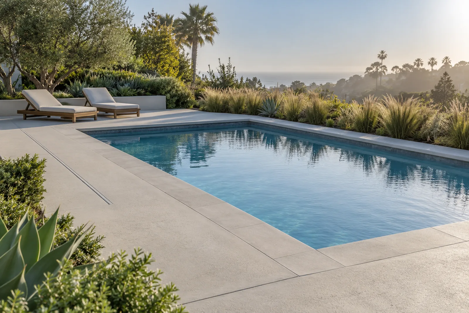 Light salt-finish concrete pool deck with new coping around a blue pool, two lounge chairs and coastal plantings