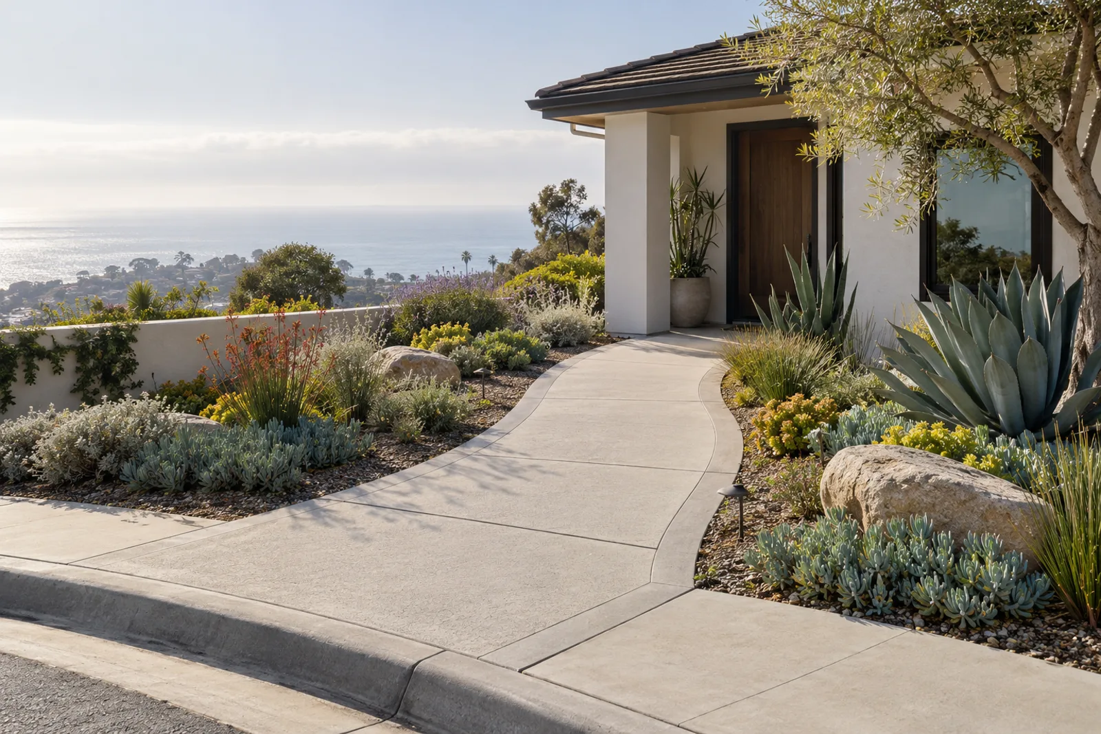 Gently curved light broom-finished concrete front walk with a troweled border leading from the curb to a front door past drought-tolerant plants