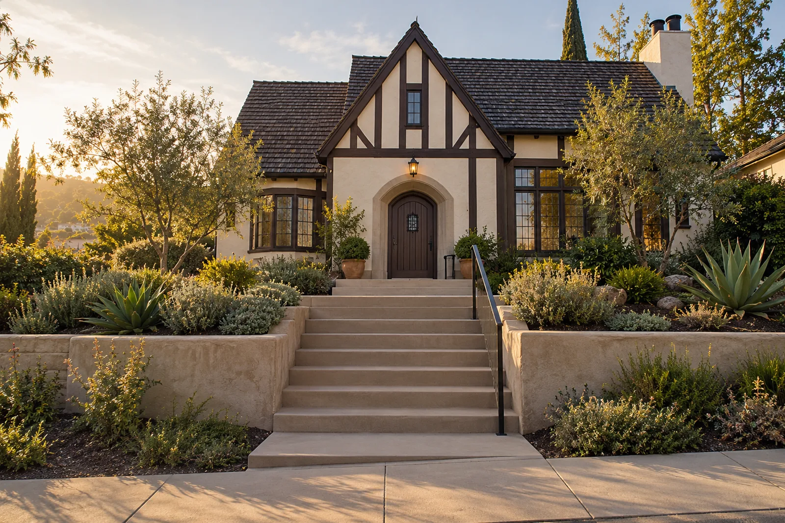Sand-colored concrete entry steps with a landing and black metal handrail leading to the arched door of a Tudor-style house