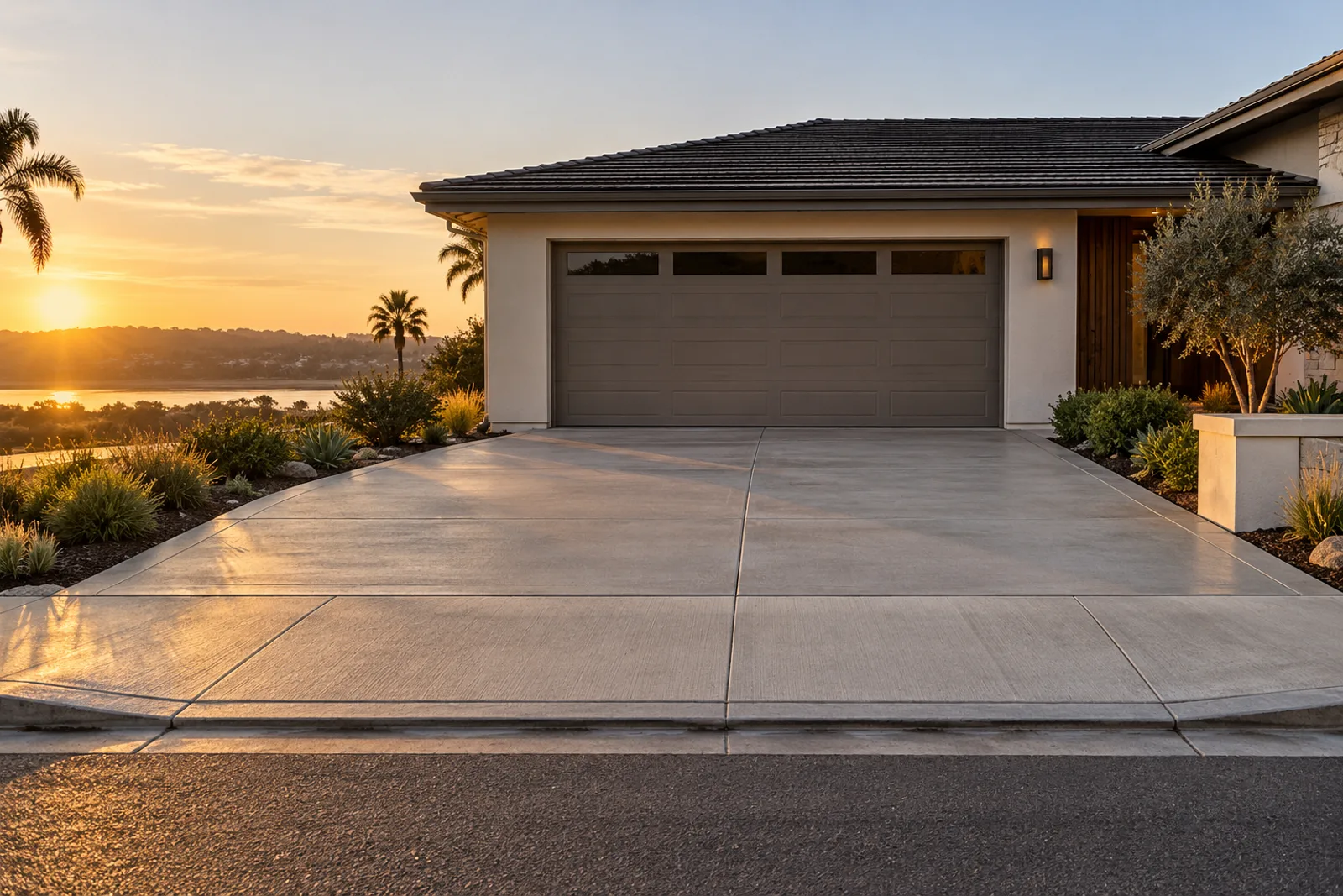 Wide broom-finished concrete driveway approach with a flush curb cut and saw-cut joints in front of a two-car garage at sunset