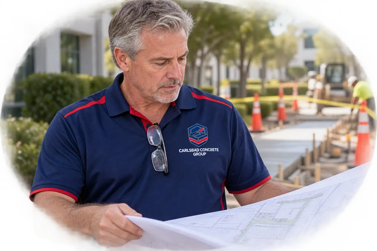 Commercial project manager with safety glasses on his collar reviewing a phasing plan beside a coned-off sidewalk replacement in a business park
