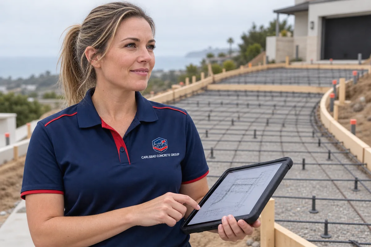 Location manager holding a tablet with a site plan beside a formed hillside driveway with wood forms and rebar ready for a pour