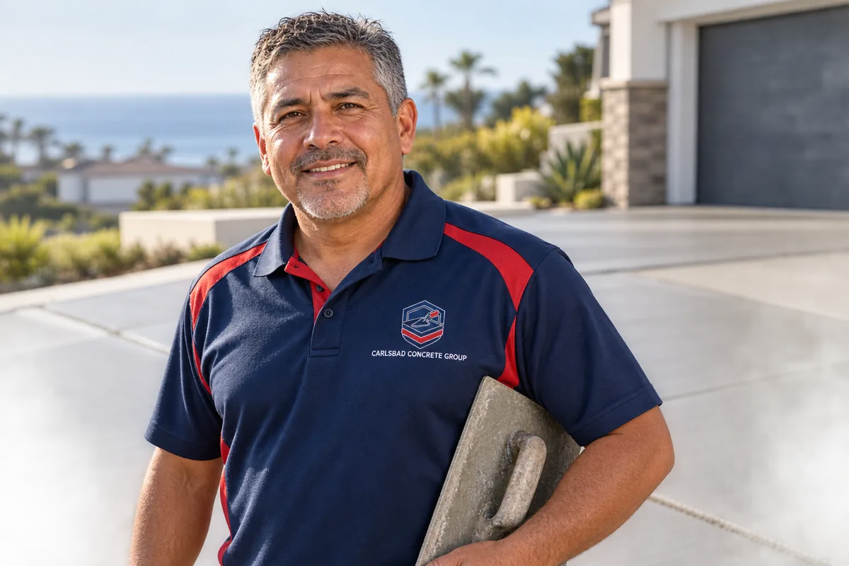 Owner in a navy company polo standing on a freshly broom-finished concrete driveway with a hand float under one arm, coastal homes and ocean behind