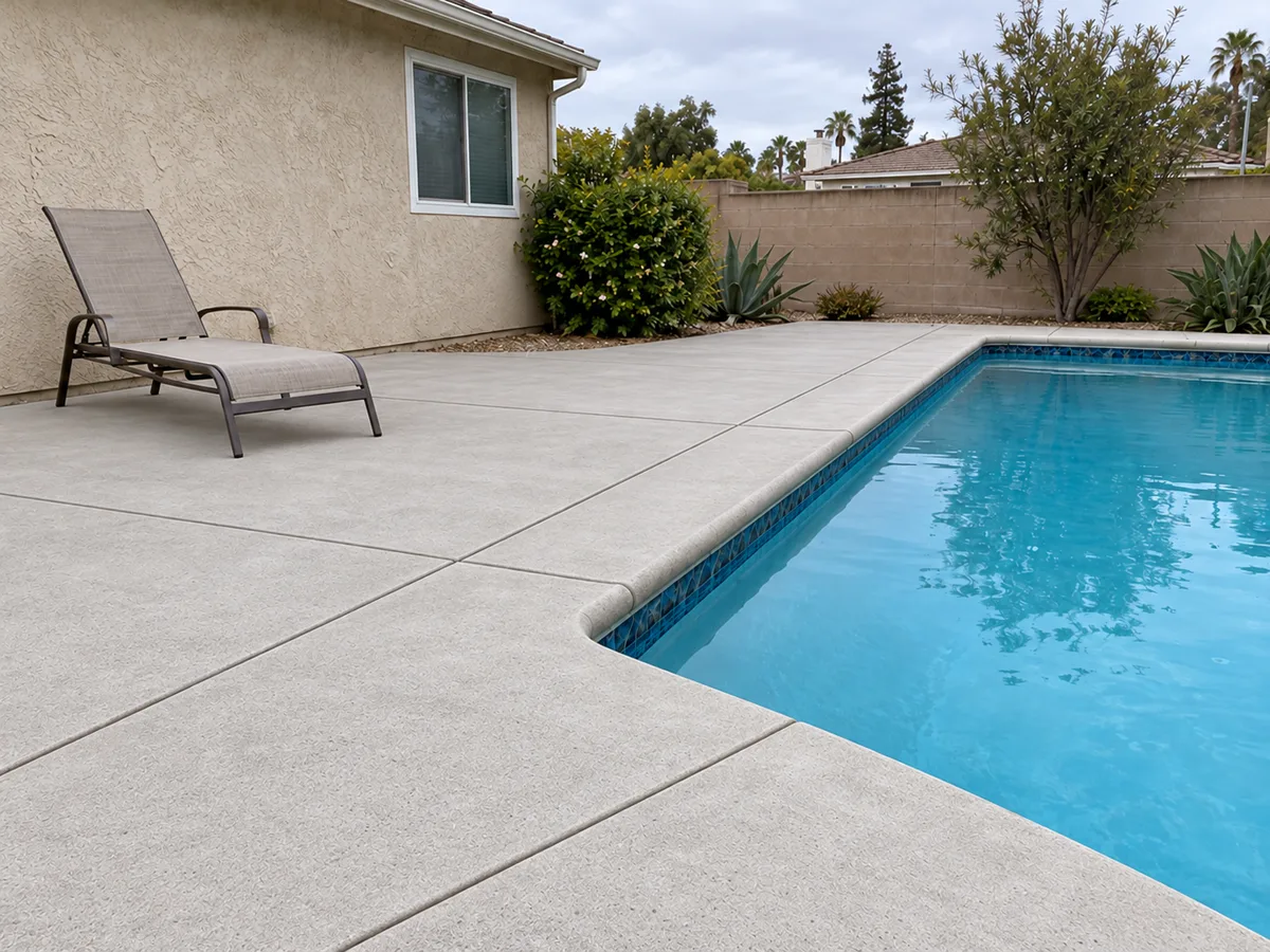 The same pool, lounge chair and stucco wall with a new light grey deck, clean coping and straight joints