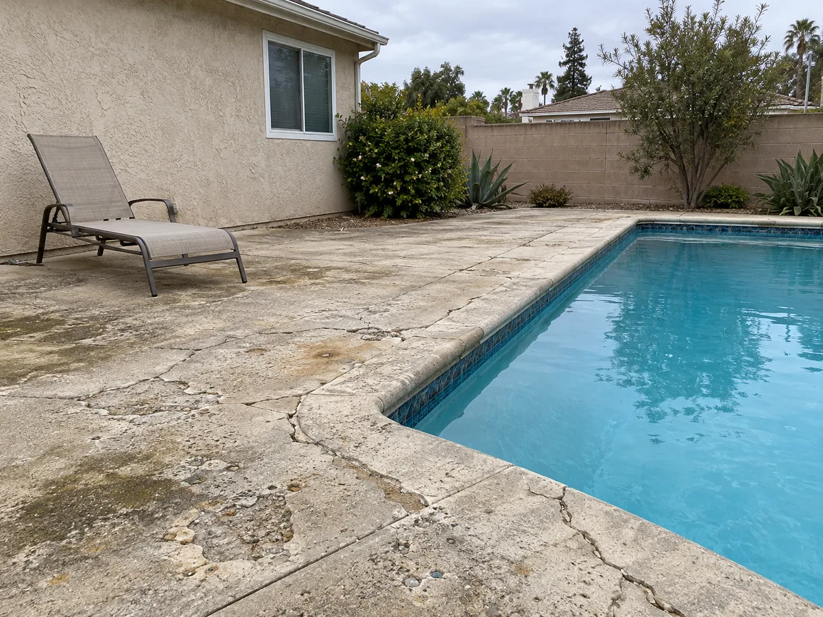 Cracked, spalled and stained old pool deck beside a blue pool, with a lounge chair against a stucco wall