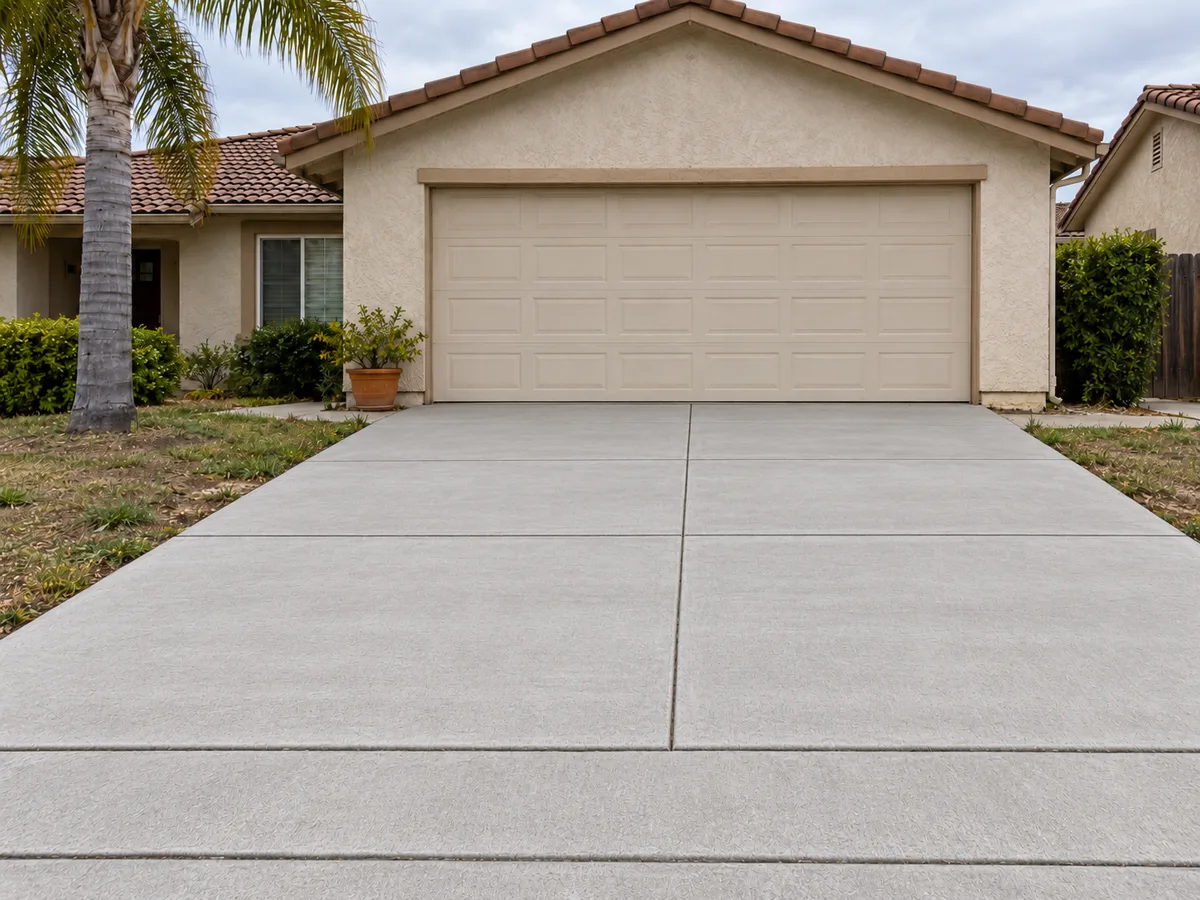 The same stucco garage, palm and potted plant with a new smooth light grey driveway with straight control joints