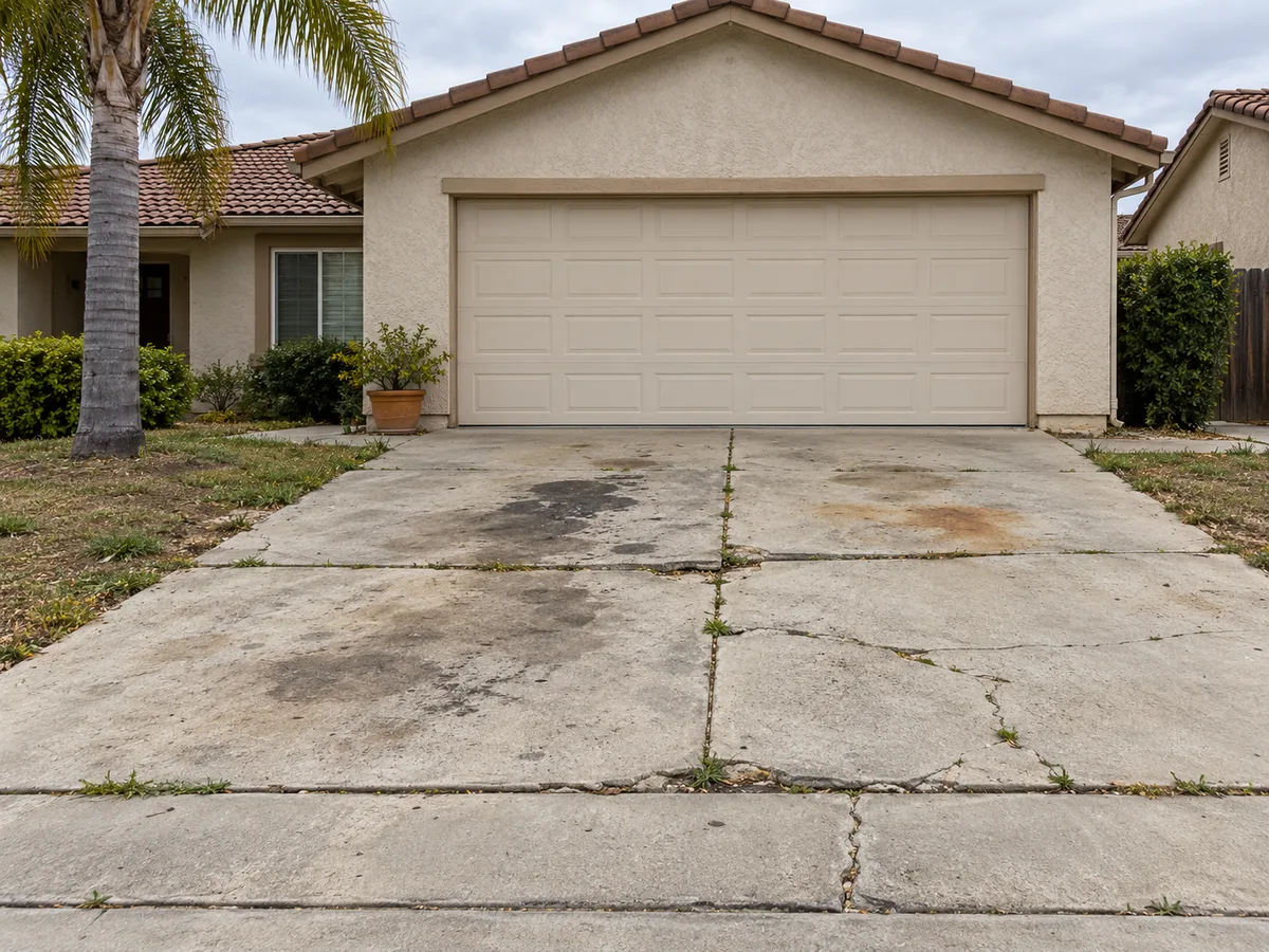 Cracked, oil-stained and weedy old driveway in front of a beige stucco garage with a potted plant and a palm